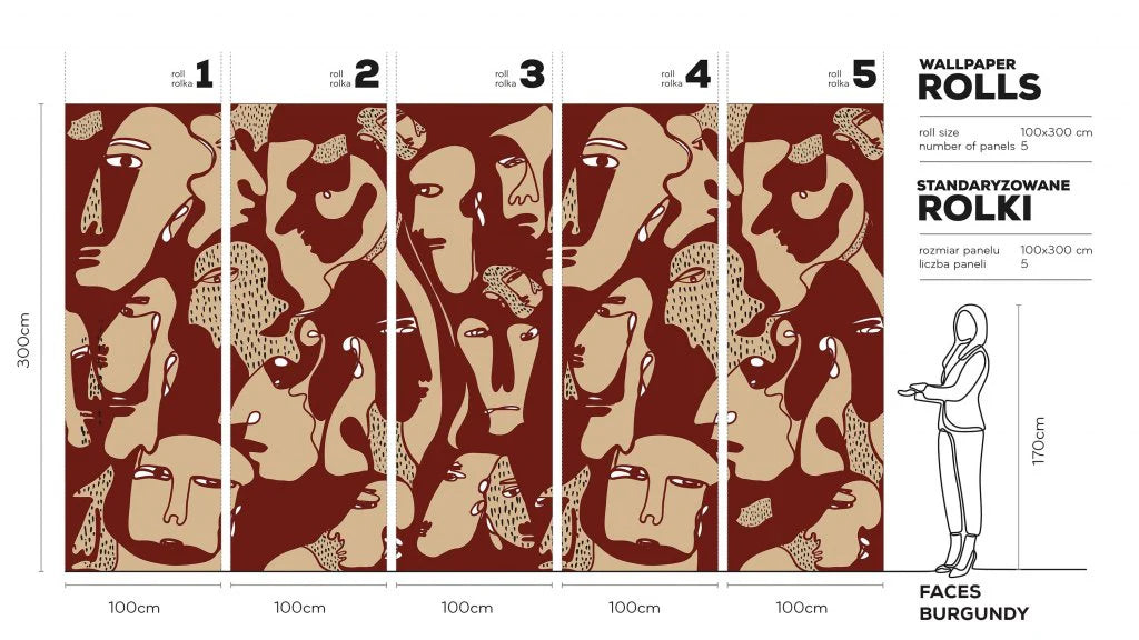 Tapet på rull Faces Burgundy